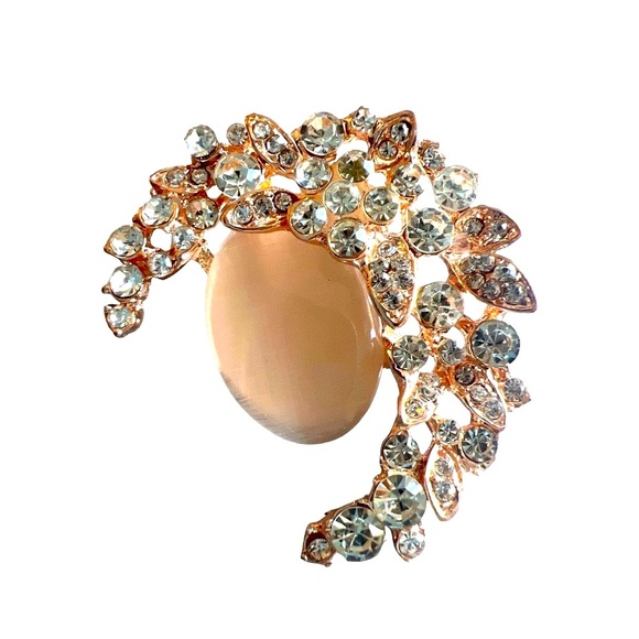 Eclipse Crescent Moon Brooch Rose Gold Tone Sparkly Crystals Moonstone Style Sto - Picture 1 of 7